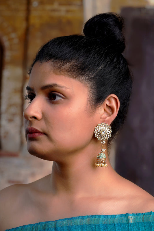 Mint Meenakari Polki Solar Jhumka Earrings