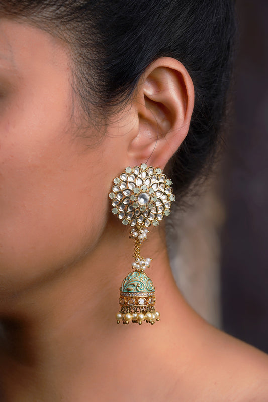 Mint Meenakari Polki Solar Jhumka Earrings