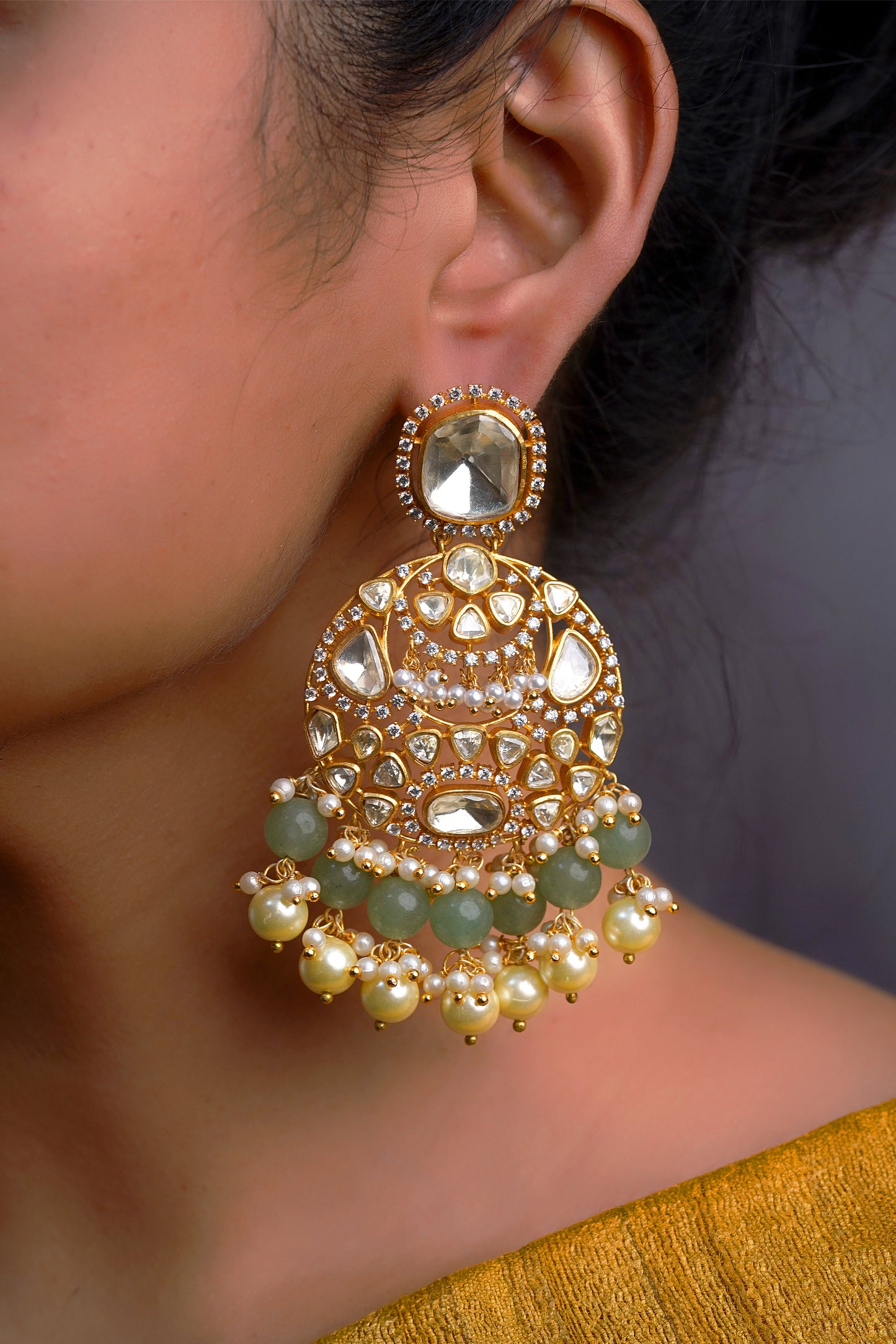 Vaikuntha Chandbali | The Polki Lunar-Crescent Earrings with Sage-Green Jade and Pearl Clusters
