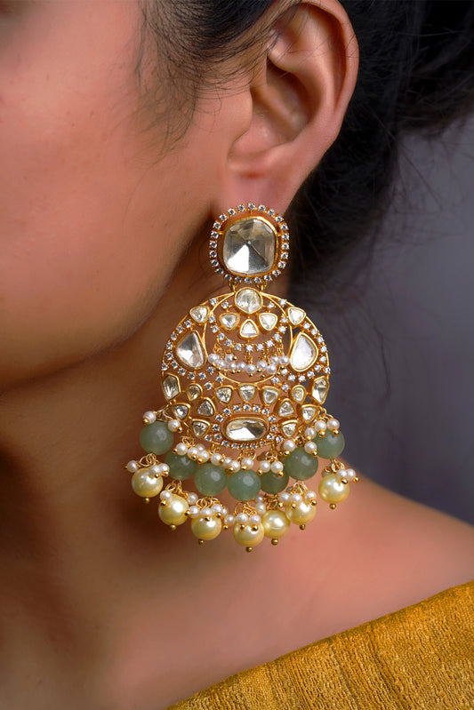 Sage-Green Polki Pearl Chandbali Earrings