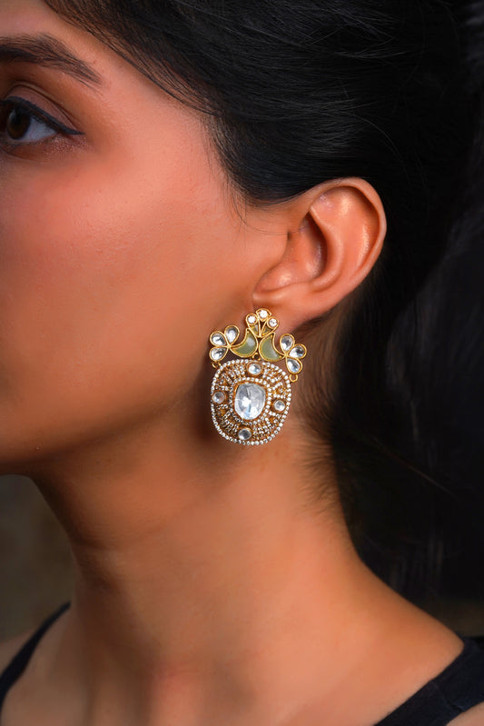 Sage-Green Winged Polki Pavé Stud Earrings