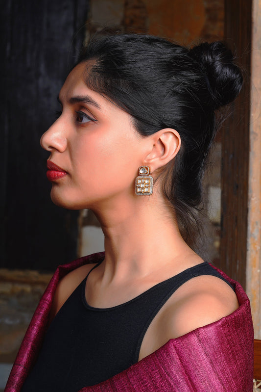 Polki Grid Pavé Geometric Stud Earrings