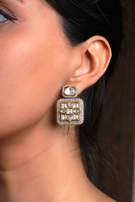 Polki Grid Pavé Geometric Stud Earrings