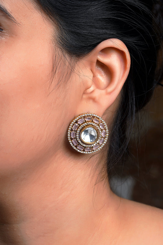 Rose Quartz Polki Concentric Pavé Stud Earrings