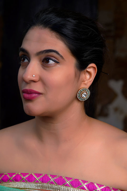 Sea-Foam Polki Concentric Pavé Stud Earrings