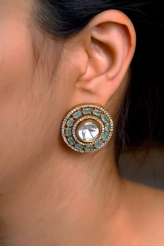 Sea-Foam Polki Concentric Pavé Stud Earrings