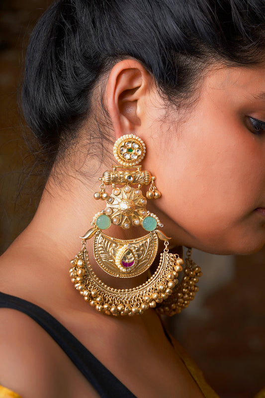 Seafoam-Stone Ghungroo Fringe Chandbali Jhumkas
