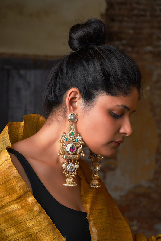 Nomadic Dual-Tone Bird Turquoise Jhumka Dangler Earrings