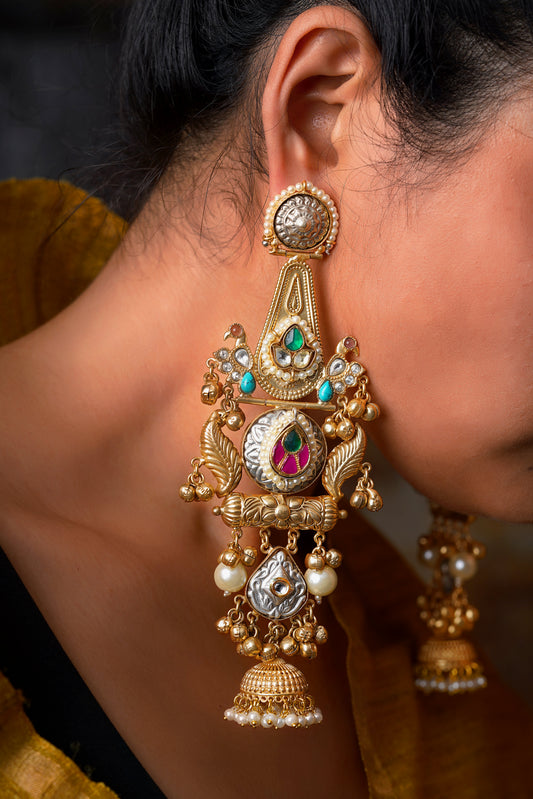 Nomadic Dual-Tone Bird Turquoise Jhumka Dangler Earrings
