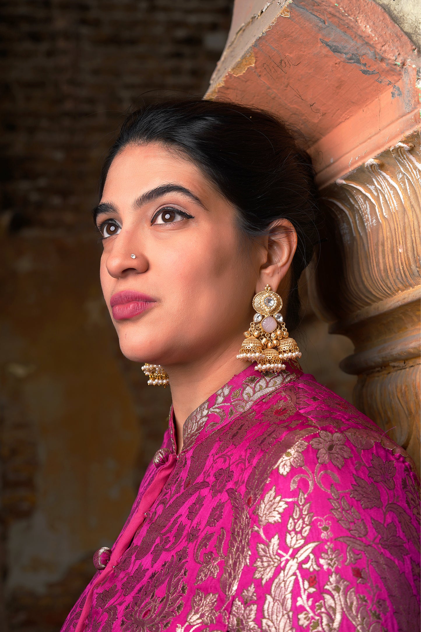 Gul-Ghungroo Triple Jhumka | Handcarved Rose Medallion & Nakkashi Engraved Heritage Dangler