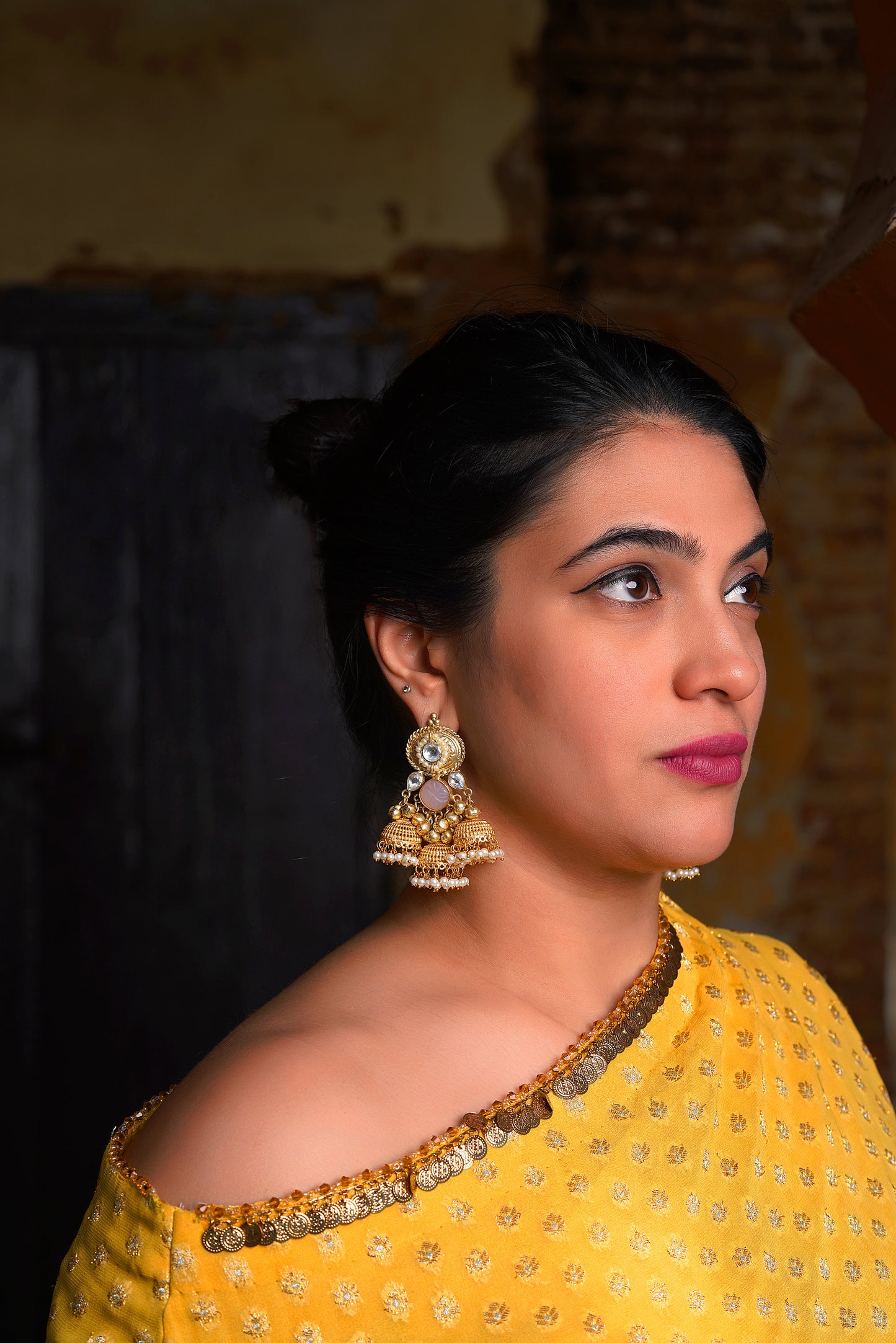Gul-Ghungroo Triple Jhumka | Handcarved Rose Medallion & Nakkashi Engraved Heritage Dangler