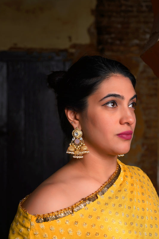 Floral-Carved Rose Quartz Polki Triple Jhumka Earrings