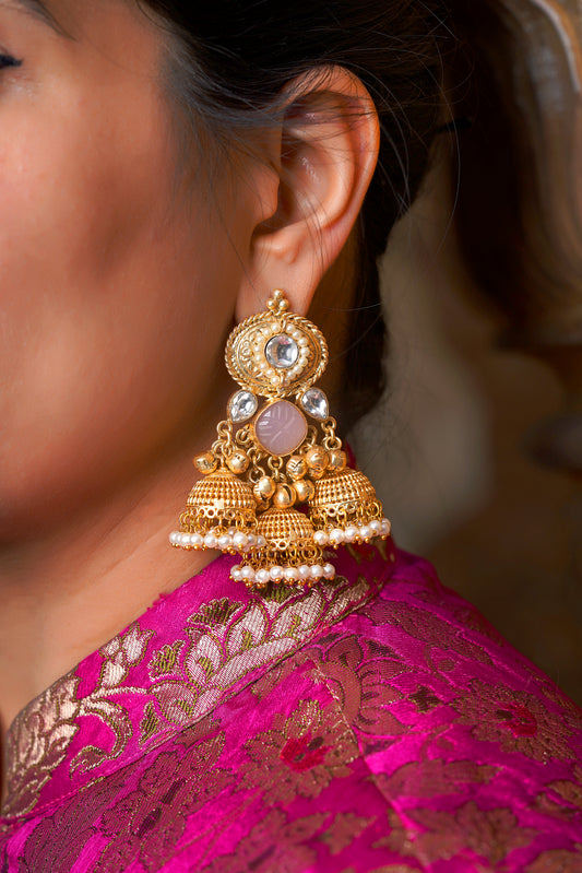 Floral-Carved Rose Quartz Polki Triple Jhumka Earrings