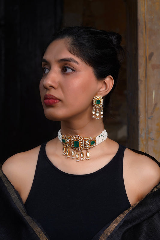 Emerald Polki Pearl Torsade Peacock Motif Choker Set
