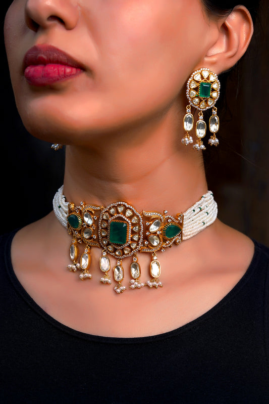 Emerald Polki Pearl Torsade Peacock Motif Choker Set