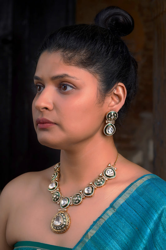 Forest Green Meenakari Polki Link Pendant Necklace Set