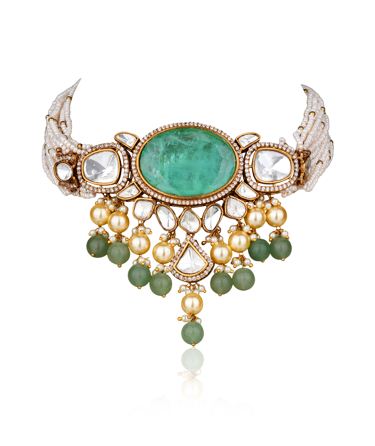 22K Gold-Finish Emerald-Green Agate Cabochon, Moissanite Polki  & Seed Pearl Choker with Polki  Earring (Set of 2)