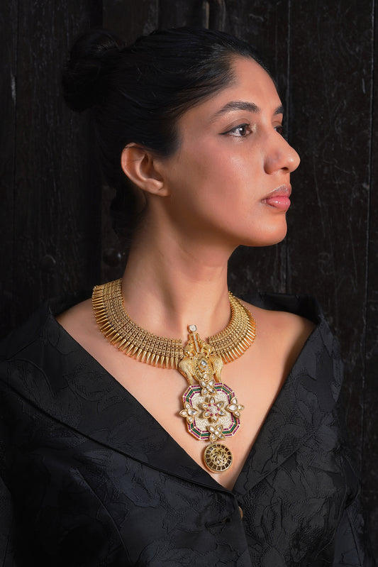 Elephant Bird Motif White Meenakari Mulla Mottu Necklace