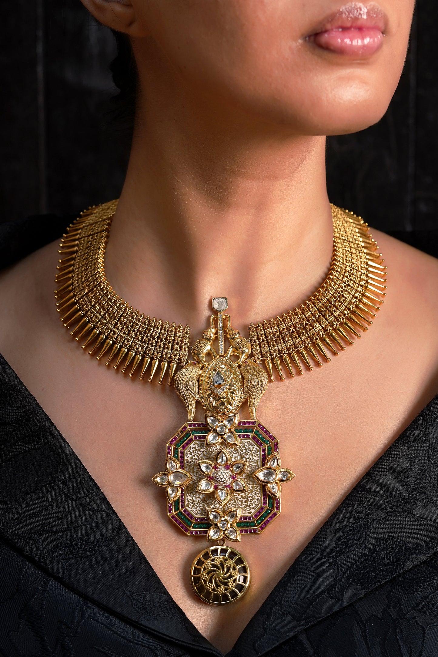 Gaja-Pakshi with White Meenakari Mulla Mottu Statement Necklace