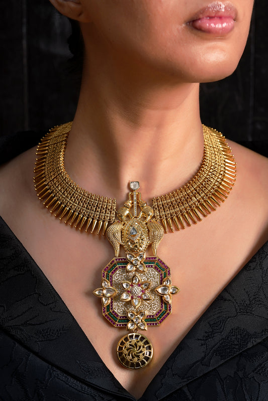 Elephant Bird Motif White Meenakari Mulla Mottu Necklace