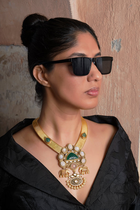 Carved Green Agate Moonstone Elephant Motif Collar Necklace