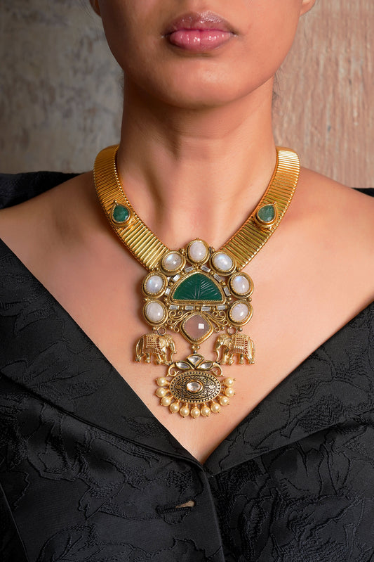 Carved Green Agate Moonstone Elephant Motif Collar Necklace