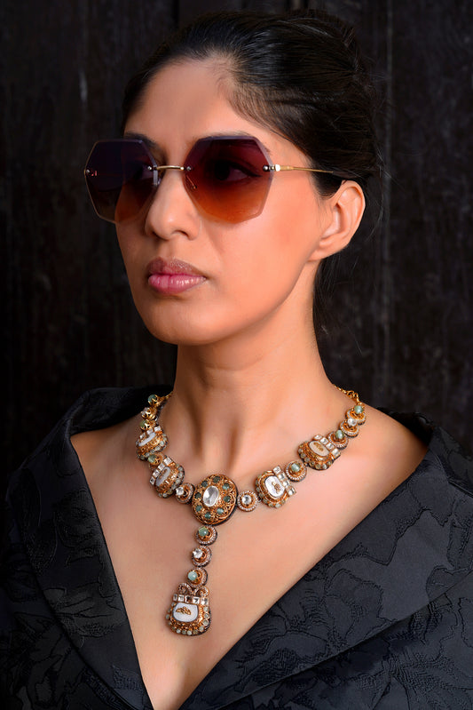 Neo-Mughal Dual-Tone Carved White Stone Link Y-Necklace