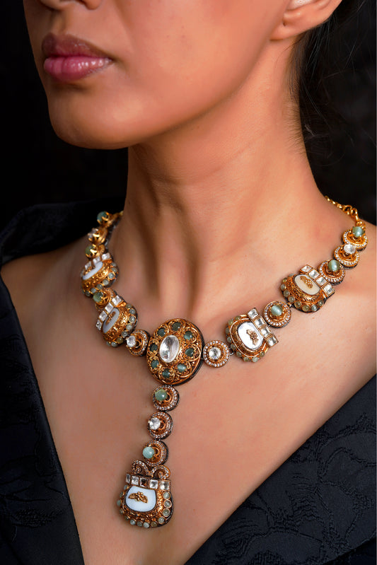 Neo-Mughal Dual-Tone Carved White Stone Link Y-Necklace