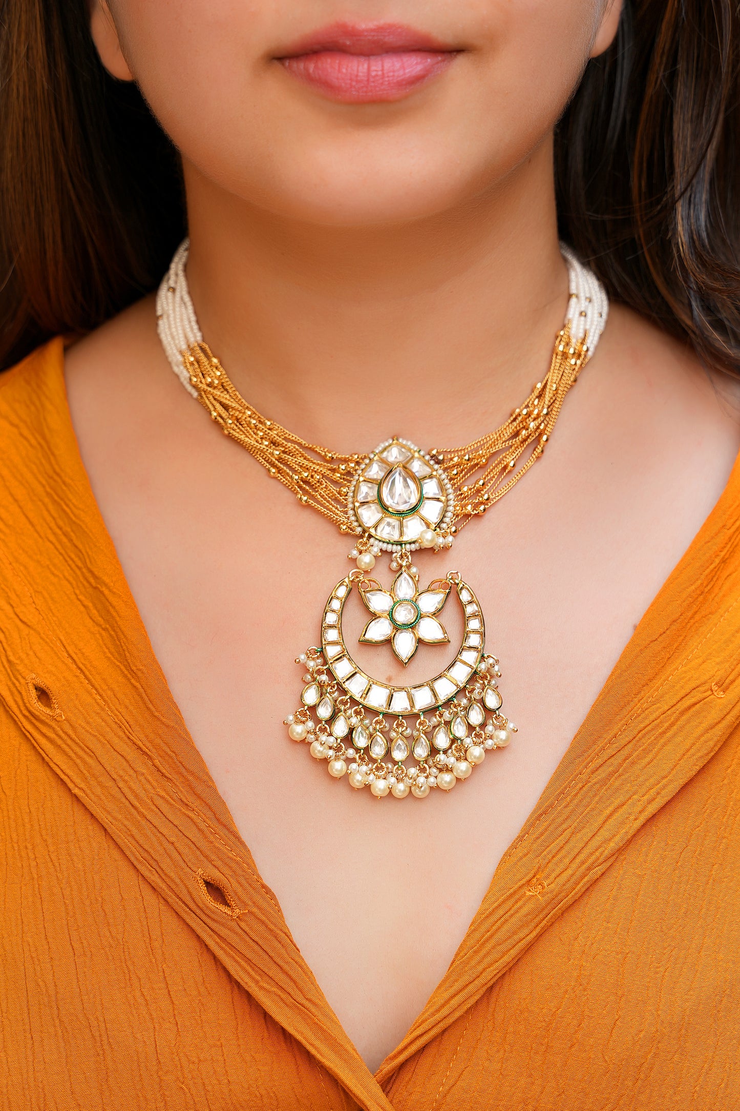 Chand-Bali Kundan Multi-Strand Choker – Pearl & Gold Bead Tiered Necklace with Floral Accents