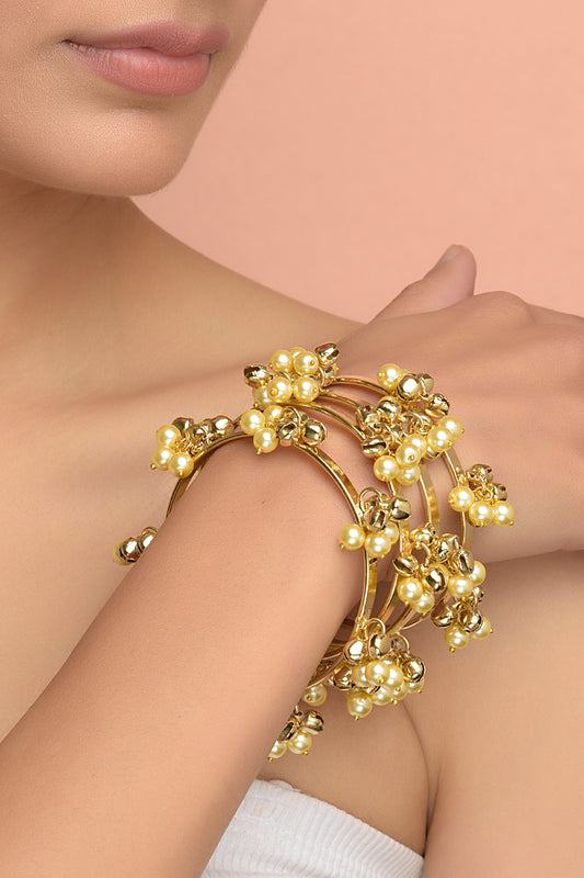 Dhvani Ghughroo Bangle | 22kt Gold-Plated Minimalist Chime Bangle with Pearls (Set of 4)