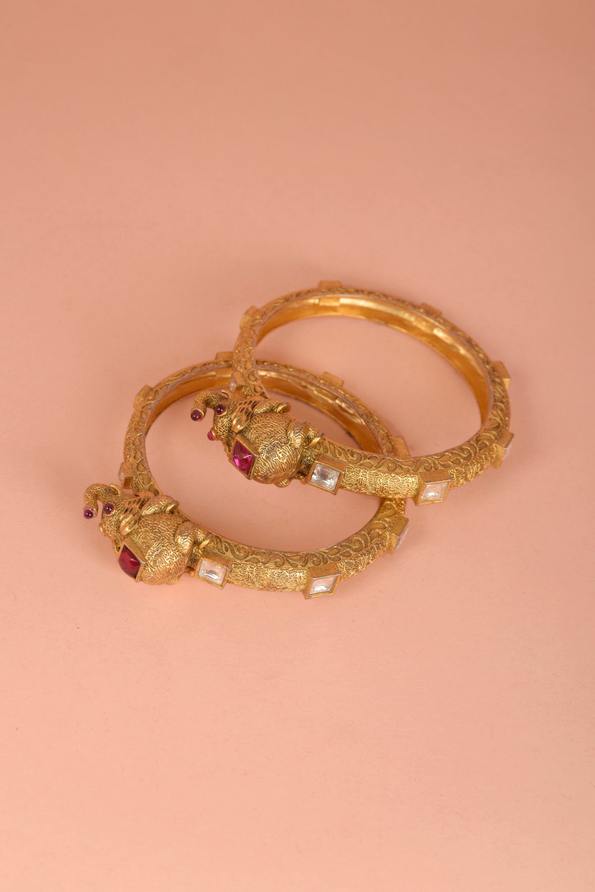 Gaja Heritage Kada | 22kt Gold-Plated Elephant Motif Bangle with Ruby & Polki Inlays (Set of 2)