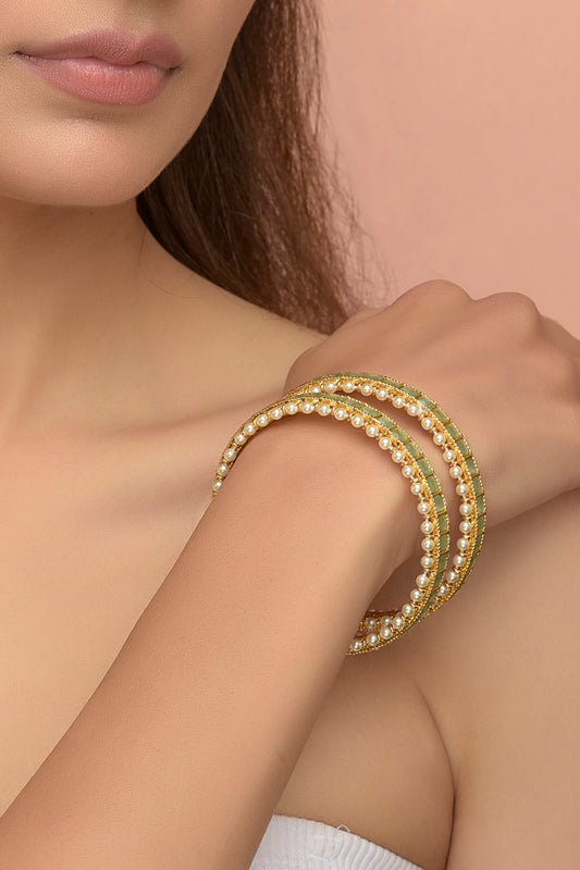Nandini Sage Bangles | Gold-Plated Emerald-Cut Glass & Pearl Border Churi (Set of 2)