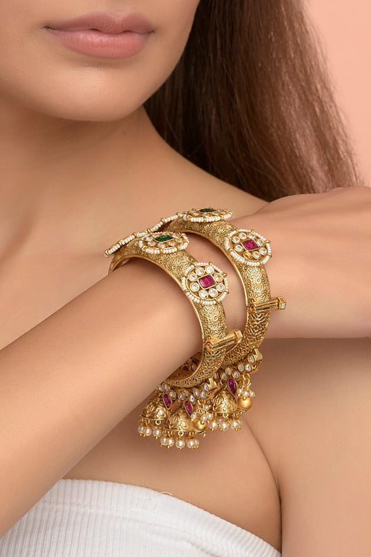 Vanya Jhumkh-Kada | 22kt Gold-Plated Floral Bas-Relief & Pearl-Drop Jhumkhis (Set of 2)