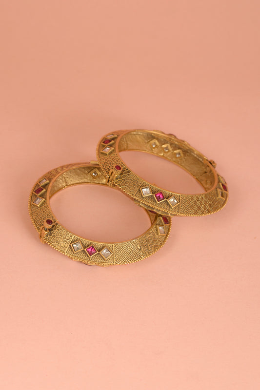 Dhara Geometric Kada | 22kt Antique Matte Gold-Plated Hand-Textured Ruby & Polki Bangles   (Set of 2)