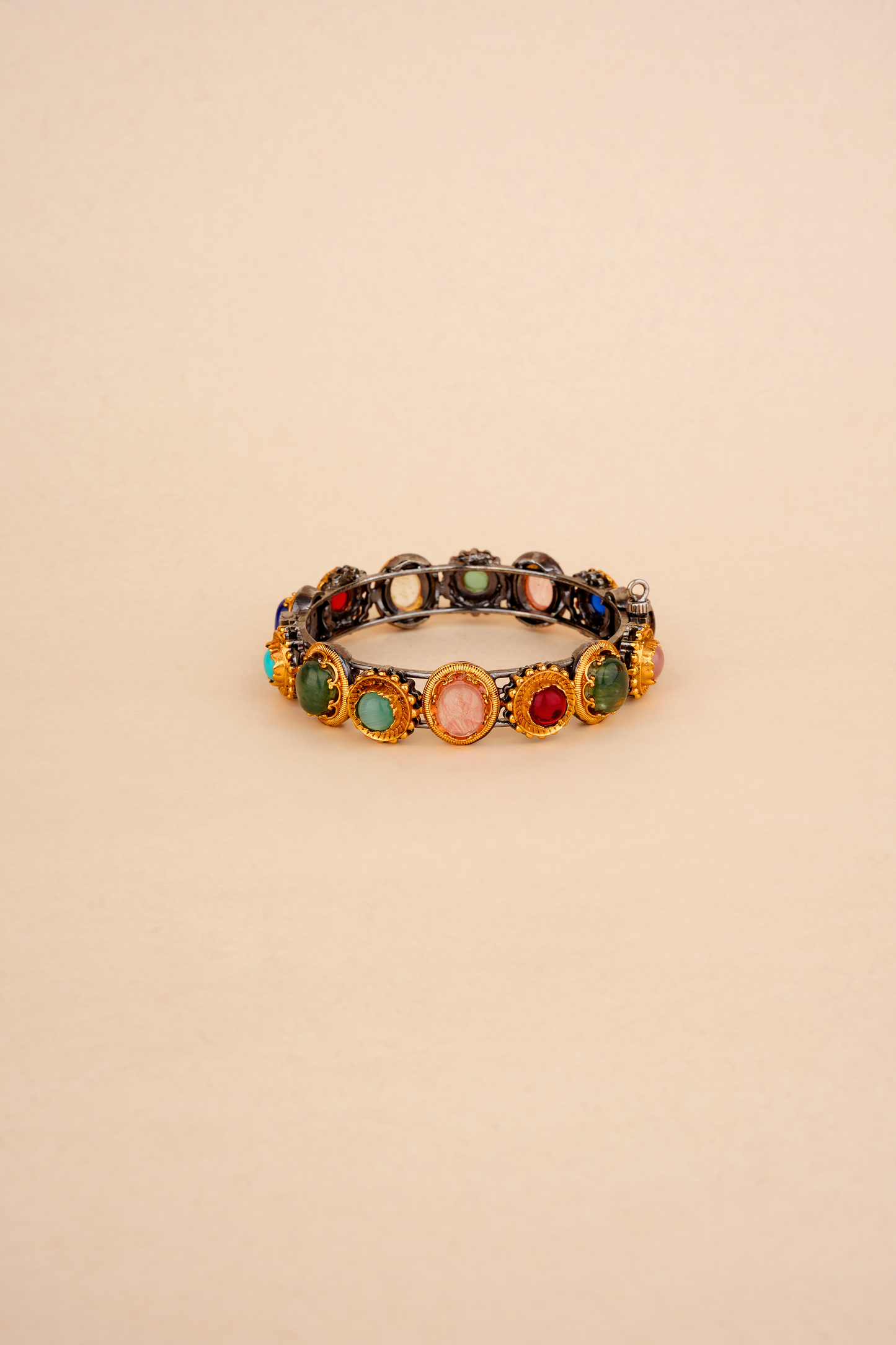 Ancestral Navrattan Kada – Sculptural Gold & Patinated Multi-Stone Cuff