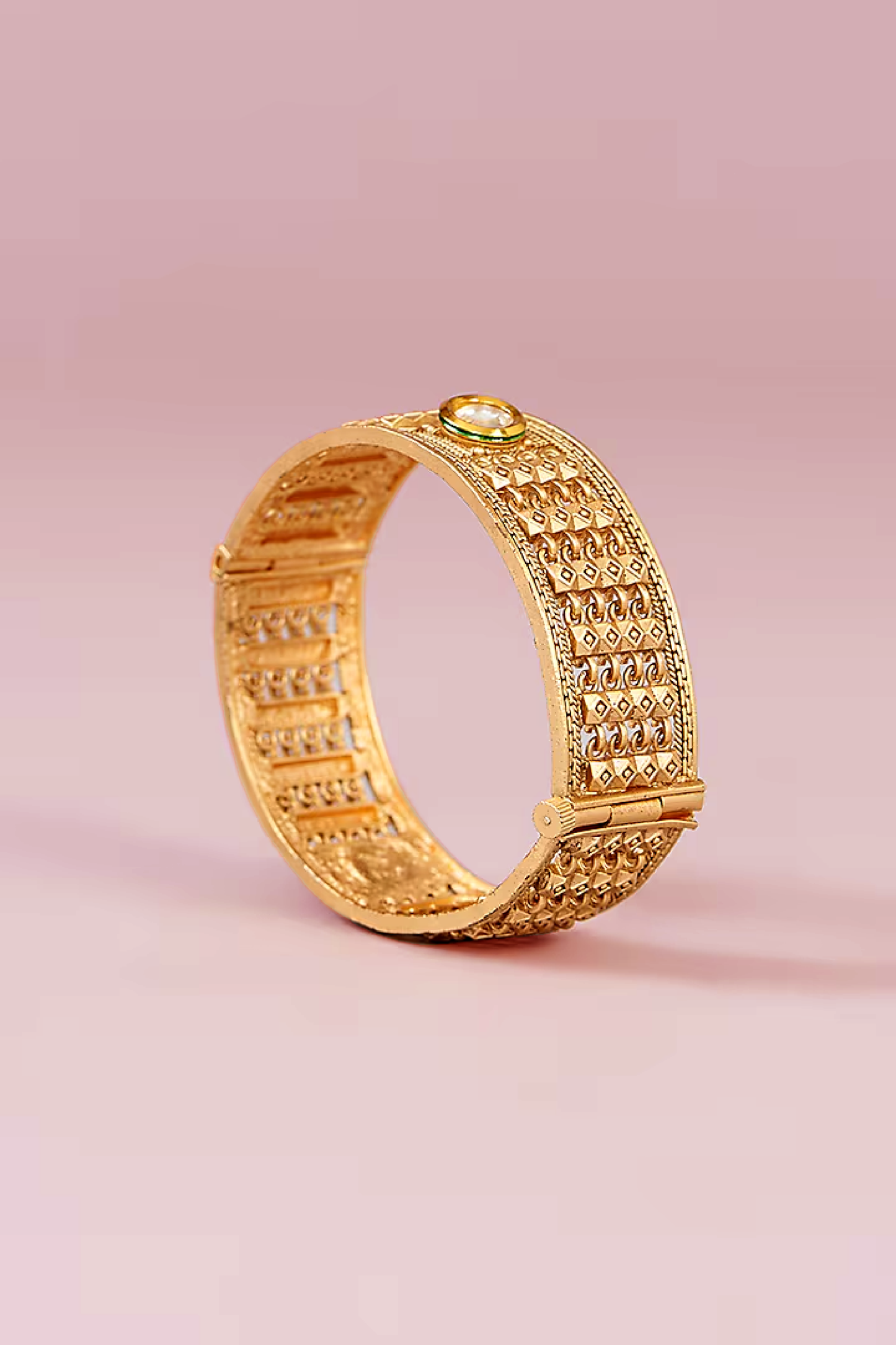 Engraved Geometric Jali with Polki Cuff Bangles