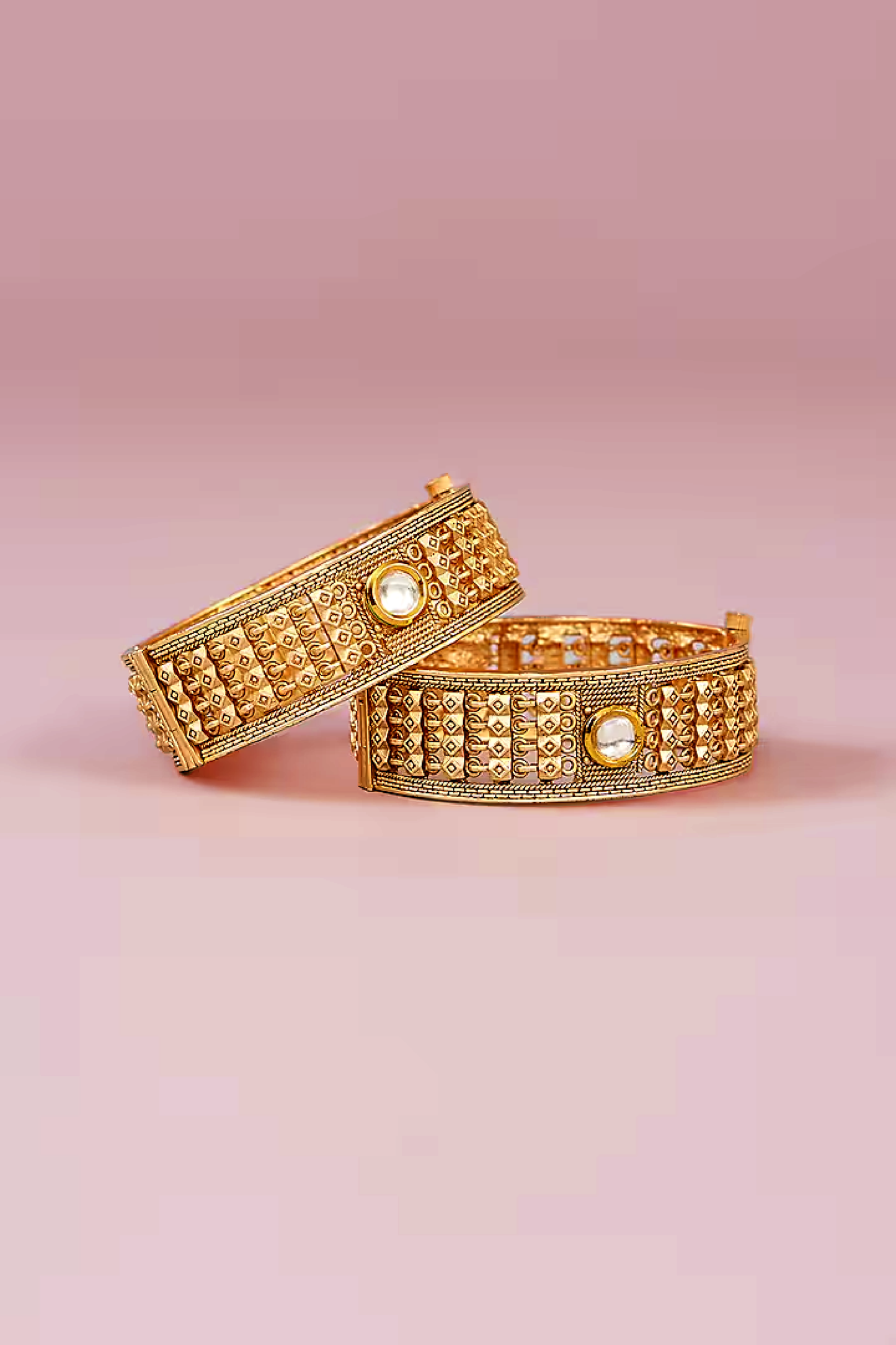 Engraved Geometric Jali with Polki Cuff Bangles
