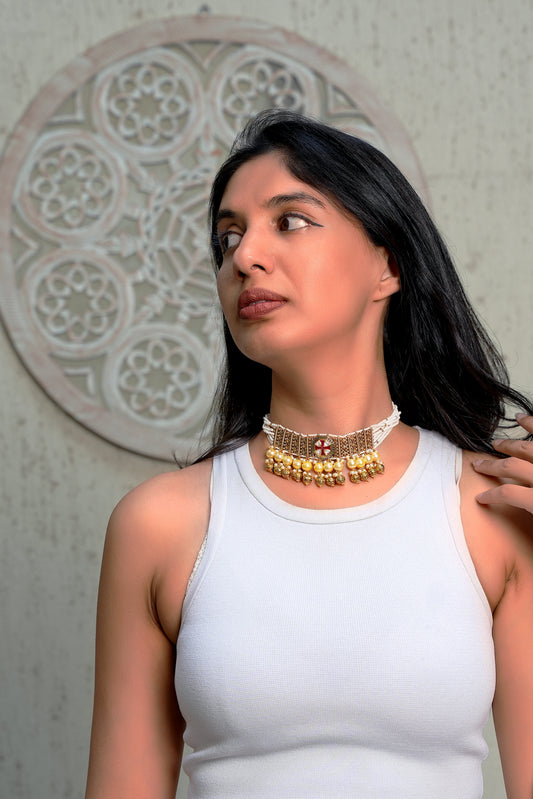 Geometric Red Meenakari Polki Bead Fringe Choker