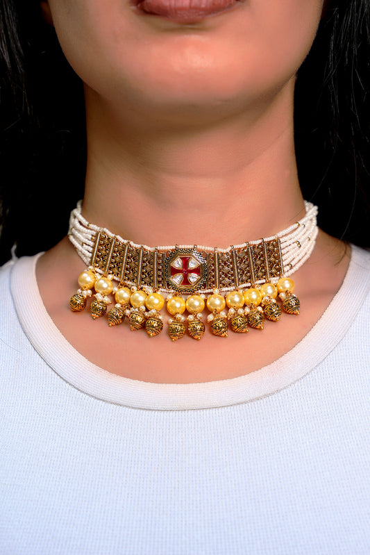 Geometric Red Meenakari Polki Bead Fringe Choker