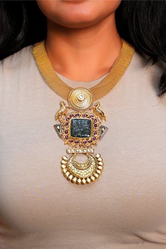 Hand-Carved Stone Stallion Chandbali Pendant Necklace