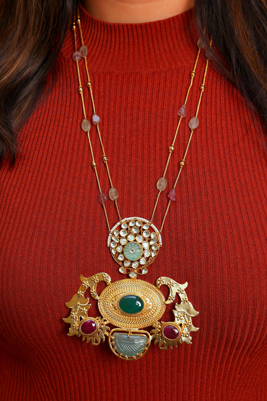 Jaipur Scrollwork Layered Gemstone Pendant Long Necklace