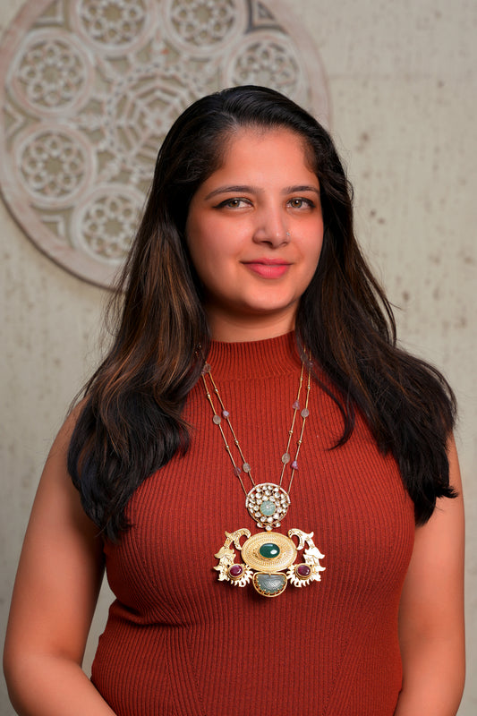 Jaipur Scrollwork Layered Gemstone Pendant Long Necklace